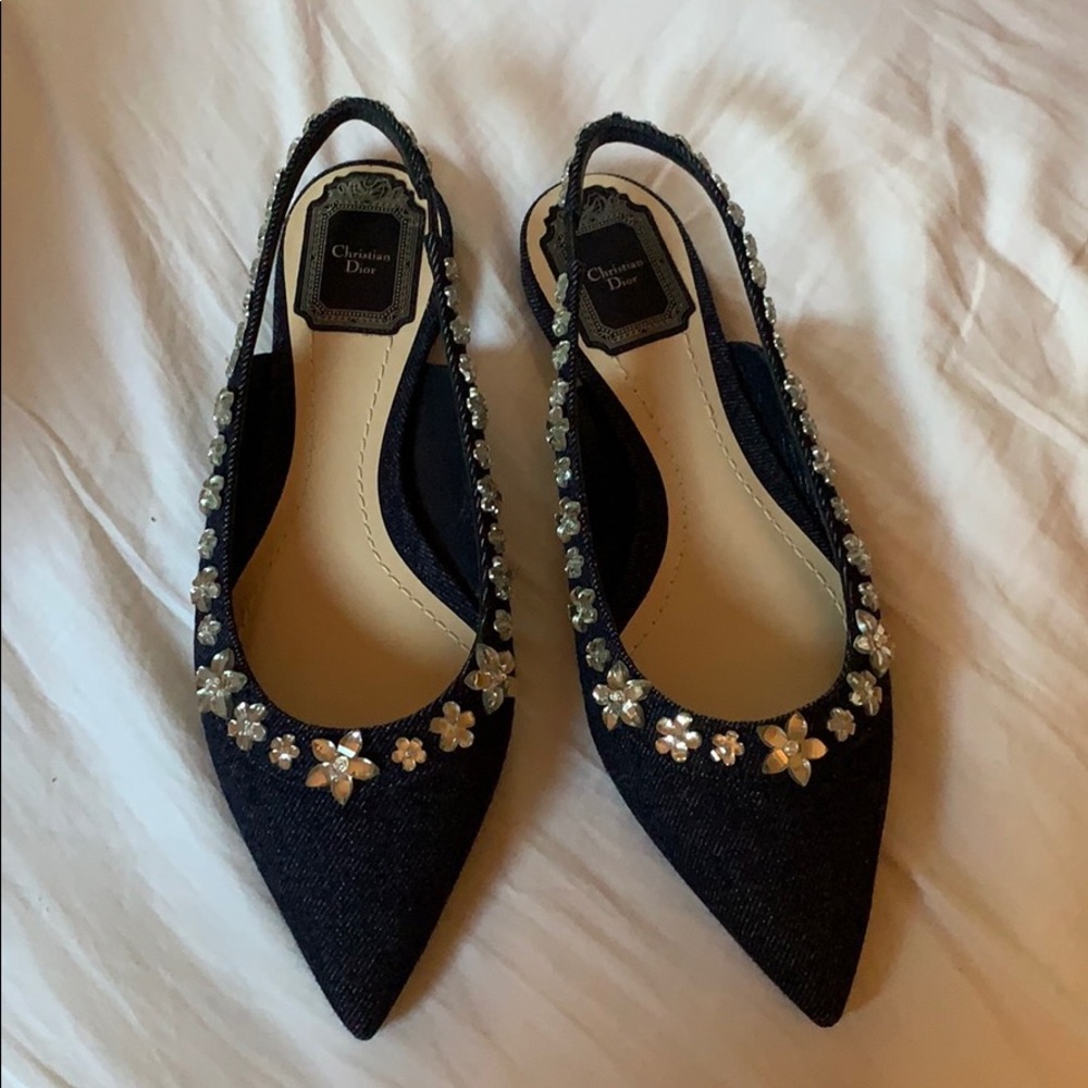 CHRISTIAN DIOR Denim Jeweled Garland Flats Size 37
